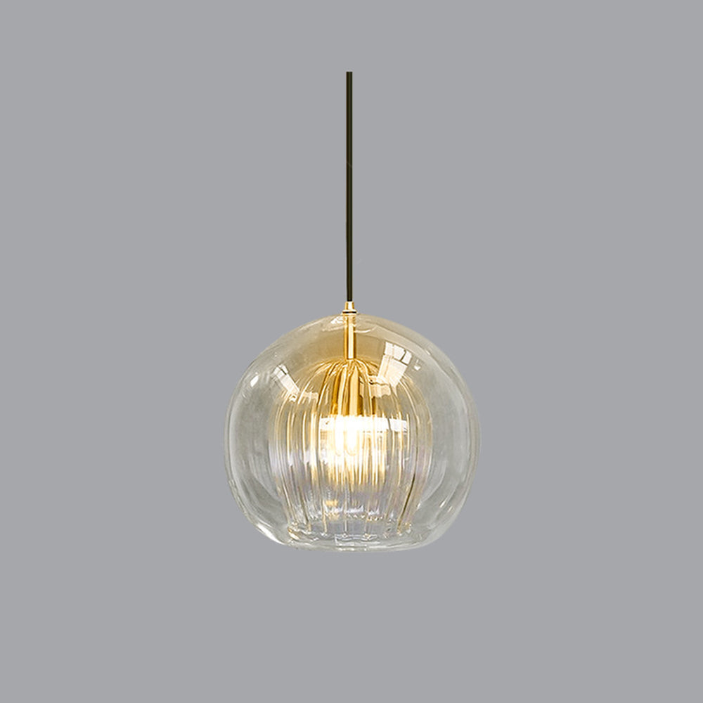 Pendellampa Glaskula | Räfflat Glas i Klart eller Bärnsten | Varmvit LED | Ø 15–24,9 cm