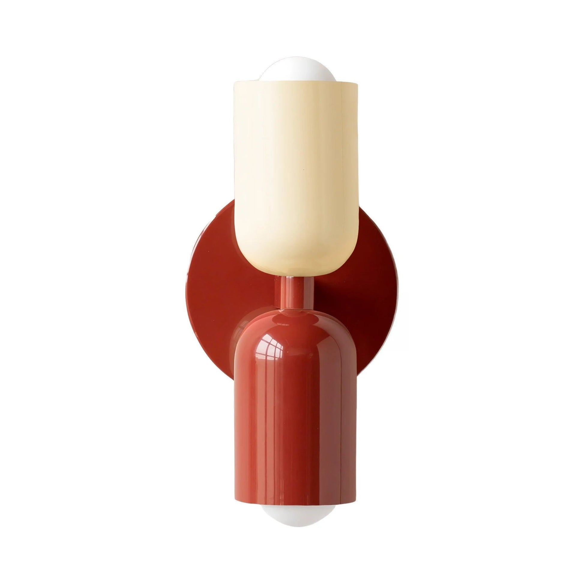 Beige vägglampa i metall med rund form och dubbla ljuskällor