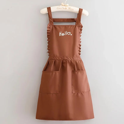 Elegant arbetsförkläde med blomtryck i kaffebrunt